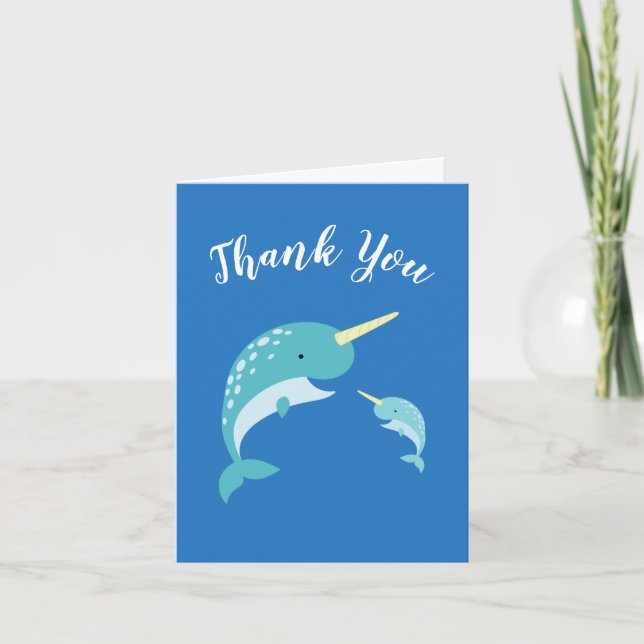 Cartão De Agradecimento Narwhal Baby Shower Blue Boy Whale (Frente)