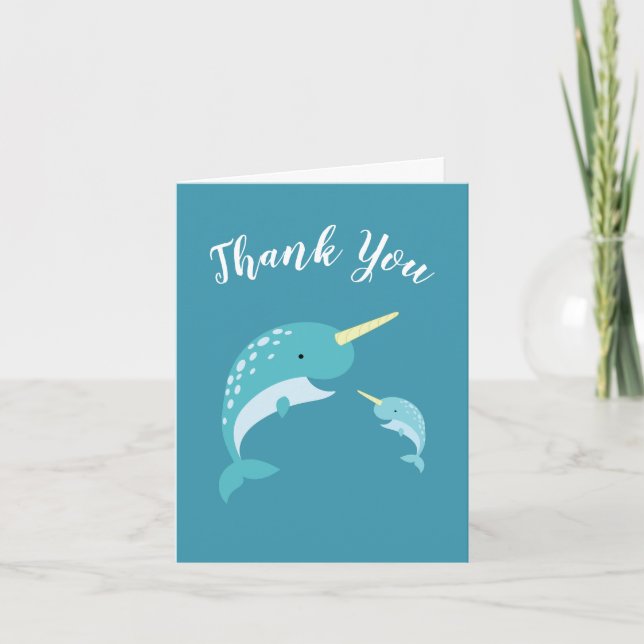 Cartão De Agradecimento Narwhal Baby Shower Yellow Gender Neutral Whale (Frente)
