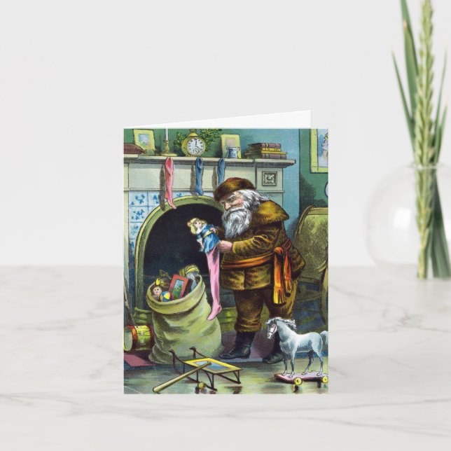 Cartão De Agradecimento Natal Antigo, Papai Noel Brinquedos Obrigado (Frente)