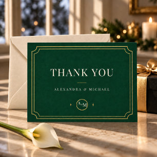 Cartão De Agradecimento Natal Black Tie Esmeralda Verde & Dourado Monogram