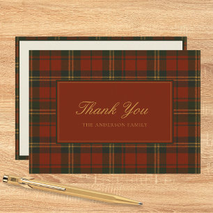 Cartão De Agradecimento Natal Plaid Vintage Nome da Família Clássico Plano