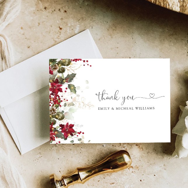 Cartão De Agradecimento Natal Red Poinsettia Wedding Flat (Criador carregado)