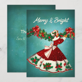 Cartão De Agradecimento Natal vintage decoração de garota vermelha