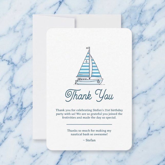 Cartão De Agradecimento Nautical Blue Sailboat Birthday Thank You Card (A nautical way to say thank you.)