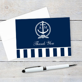 Cartão De Agradecimento Nautical Navy Anchor Stripes Wedding Monogram