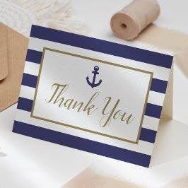 Cartão De Agradecimento Nautical Navy Blue Stripes Anchor Gold Script