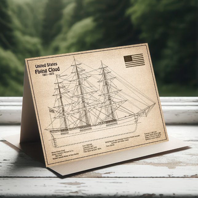 Cartão De Agradecimento Navio Clipper Flying Cloud - Planta do Navio SD (Clipper Ship Flying Cloud - Ship Blueprint SD. Thank You Card)