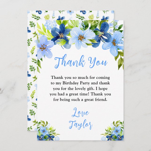 Cartão De Agradecimento Navy and Baby Blue Floral Birthday Party (Frente/Verso)