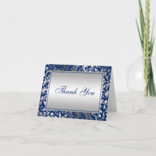 Cartão De Agradecimento Navy Blue and Silver Damask Swirls Thank You