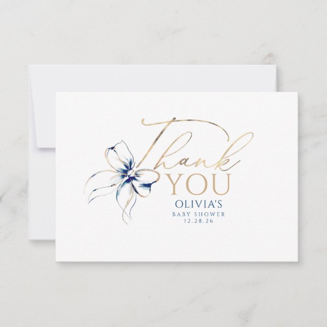 Cartão De Agradecimento Navy Blue Bow Elegant Calligraphy Thank You (Frente)