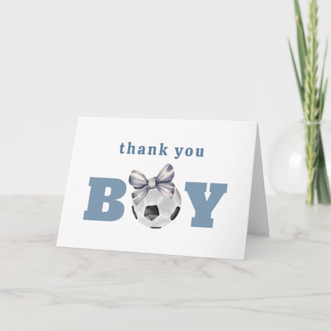Cartão De Agradecimento Navy Blue Cute Bow Soccer Boy Baby Shower (Frente)