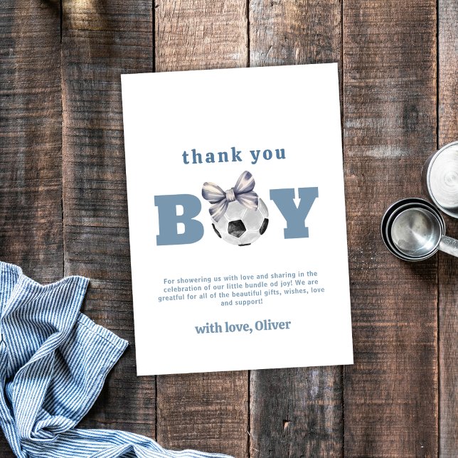 Cartão De Agradecimento Navy Blue Cute Modern Bow Soccer Boy Baby Shower  (Navy Blue Cute Modern Bow Soccer Boy Baby Shower Thank You Card)