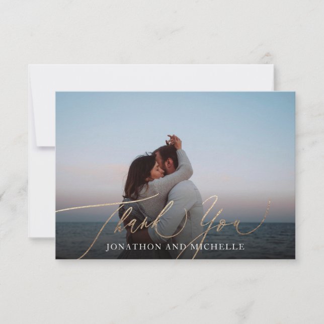 Cartão De Agradecimento Navy Blue Elegant Gold Calligraphy Wedding Photo (Frente)