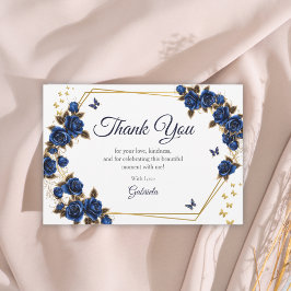 Cartão De Agradecimento Navy Blue Golden Tiara Roses Butterfly Quinceañera
