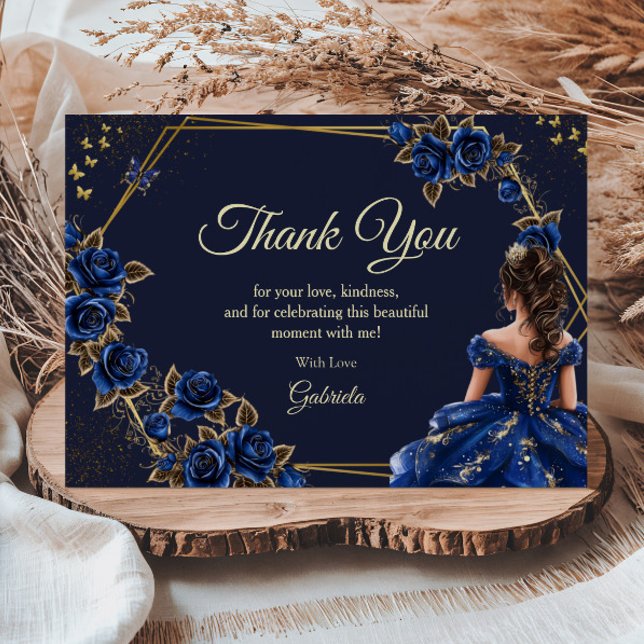 Cartão De Agradecimento Navy Blue Golden Tiara Roses  Quinceañera (Criador carregado)