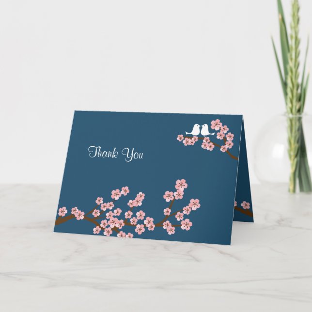 Cartão De Agradecimento Navy Blue & Pink Cherry Blossom Thank You (Frente)