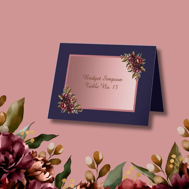 Cartão De Agradecimento Navy Blue Rose Gold script  pink Floral Guest Card (Criador carregado)