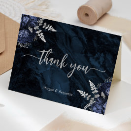 Cartão De Agradecimento Navy Blue Silver Floral Script Wedding