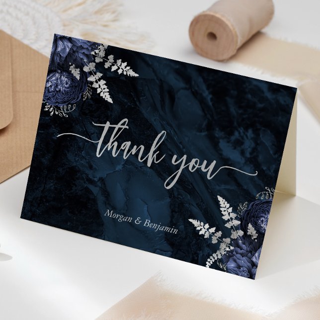 Cartão De Agradecimento Navy Blue Silver Floral Script Wedding (Criador carregado)