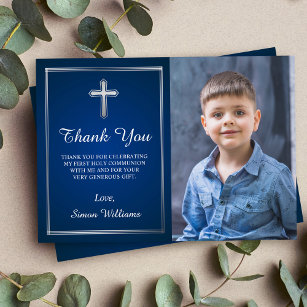 Cartão De Agradecimento Navy Blue Silver Holy Communion Photo Thank You