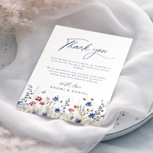 Cartão De Agradecimento Navy Blue Watercolor Wildflower Field Wedding (Navy Blue Watercolor Wildflower Field Wedding Thank You Card)