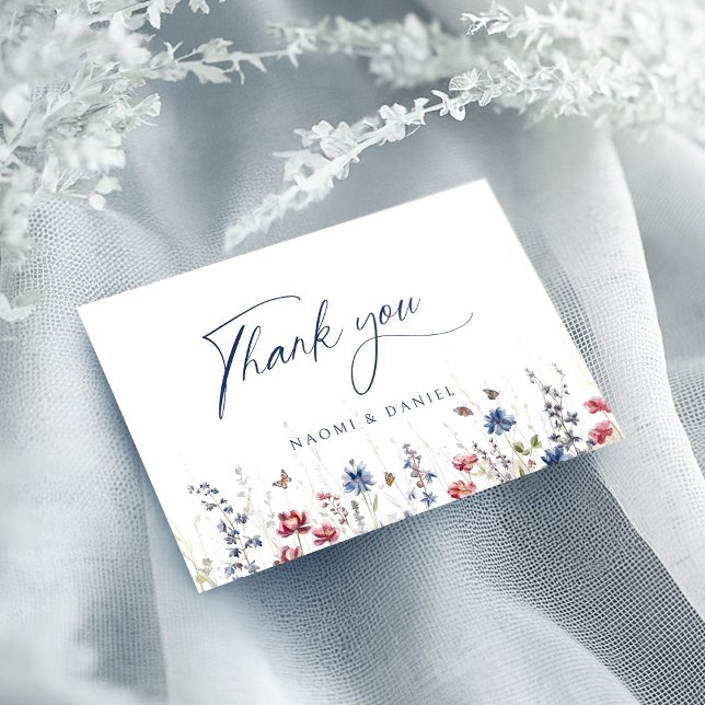 Cartão De Agradecimento Navy Blue Watercolor Wildflower Rustic Wedding (Navy Blue Watercolor Wildflower Rustic Wedding Thank You Card)