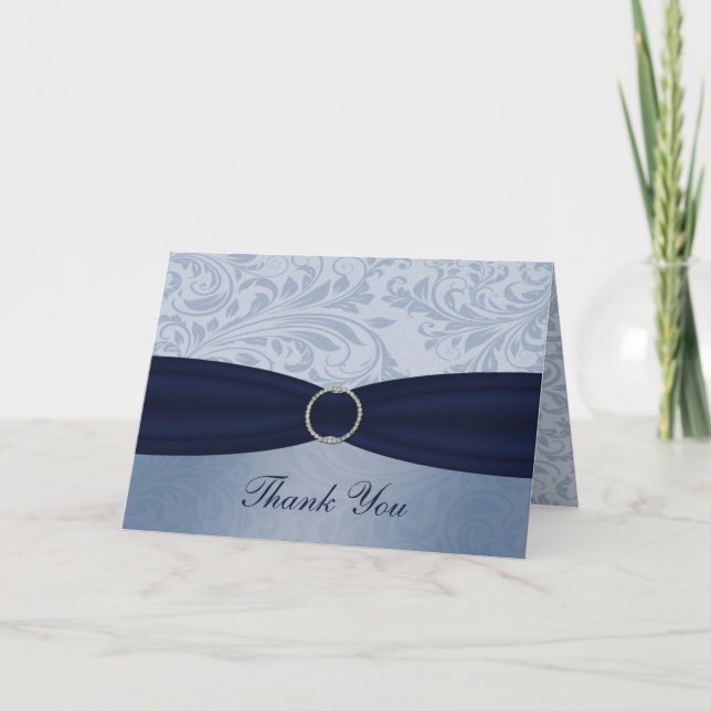 Cartão De Agradecimento Navy  damask FAUX ribbon diamante buckle Wedding (Frente)