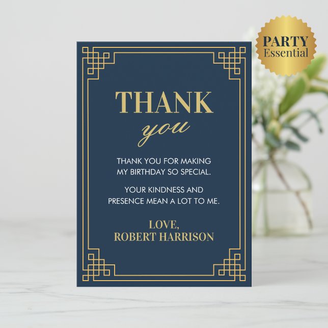 Cartão De Agradecimento Navy Gold Art Deco 80th Birthday Thank You Card (Criador carregado)
