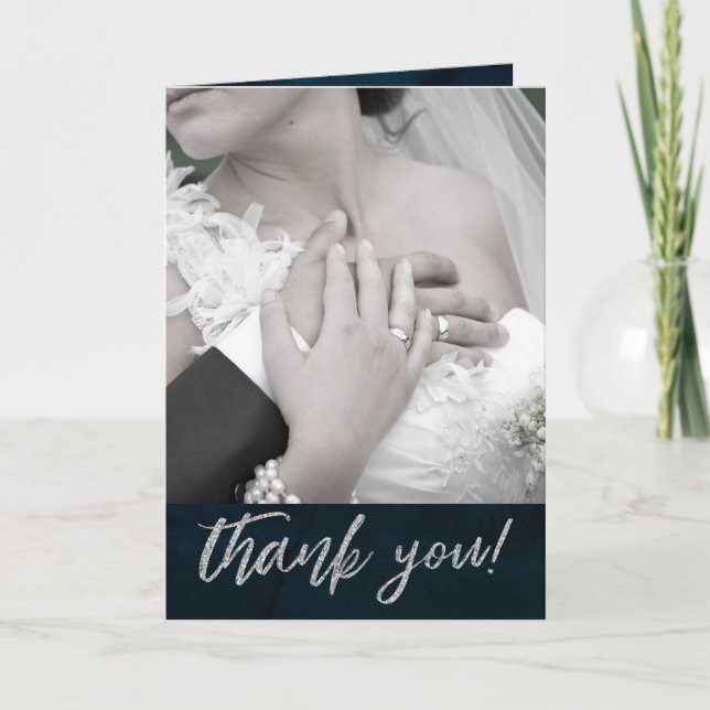 Cartão De Agradecimento Navy Luster Dark Blue Silver Custom Wedding Photo (Frente)