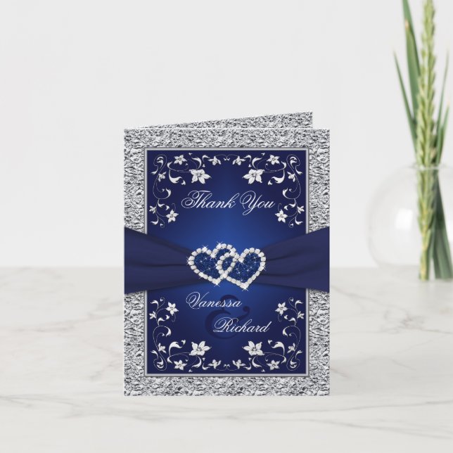 Cartão de Agradecimento Navy Silver Hearts Falso P (Frente)