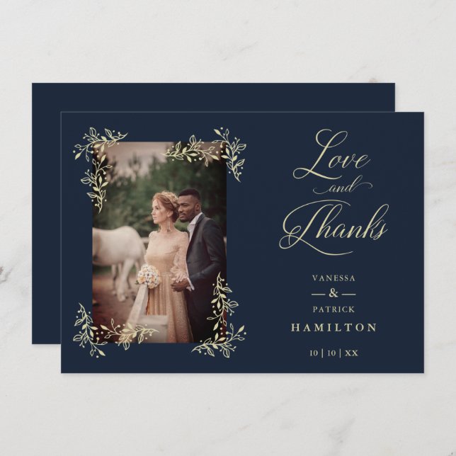 Cartão De Agradecimento Navy Sophisticated Flourish Photo Wedding Love and (Frente/Verso)