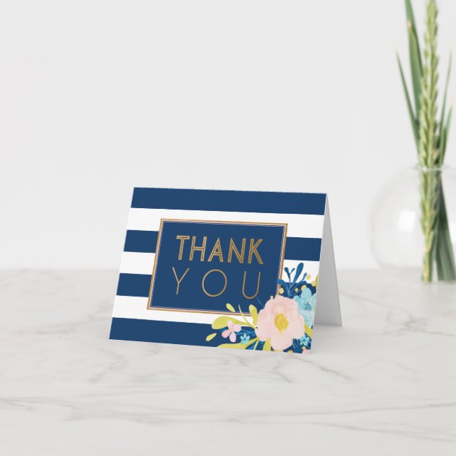Cartão De Agradecimento Navy Striped Floral Thank You Note Card (Frente)