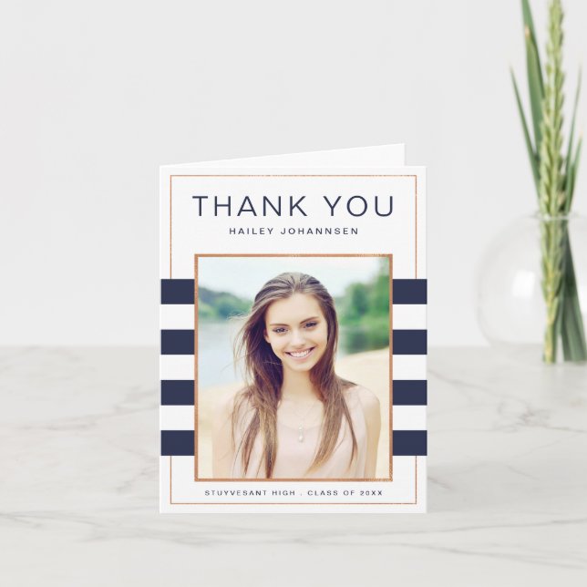 Cartão De Agradecimento Navy Stripes Graduation Thank You Greeting Card (Frente)