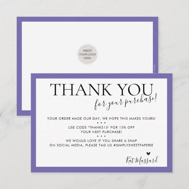 Cartão De Agradecimento NEGÓCIOS OBRIGADO AO Púrpura chique moderno (Frente/Verso)