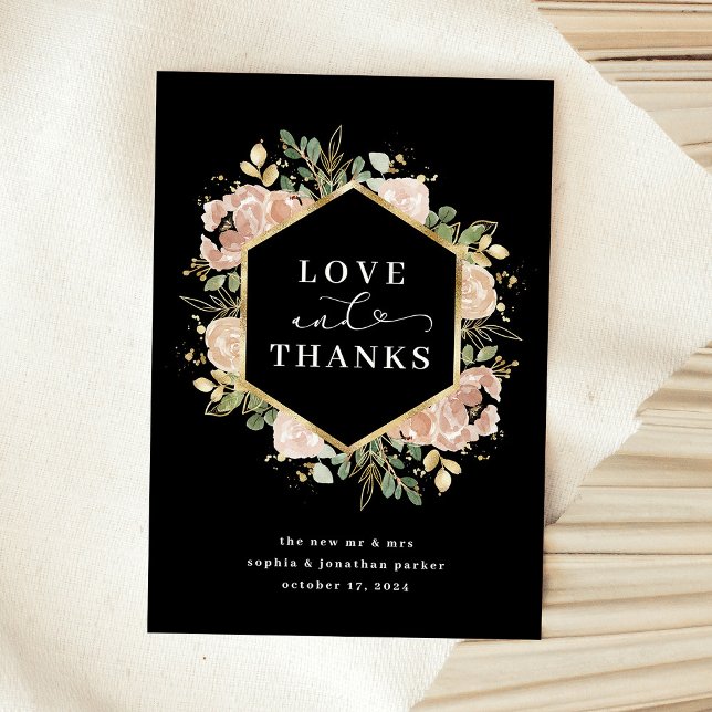 Cartão De Agradecimento Negra Floral Neutral | Amor e Obrigados (An elegant wedding thank you card in dark black with faux gold accents and your photo on the back)
