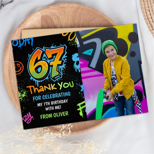 Cartão De Agradecimento Neon Graffiti Six Seven Kids 7th Birthday Photo (Criador carregado)