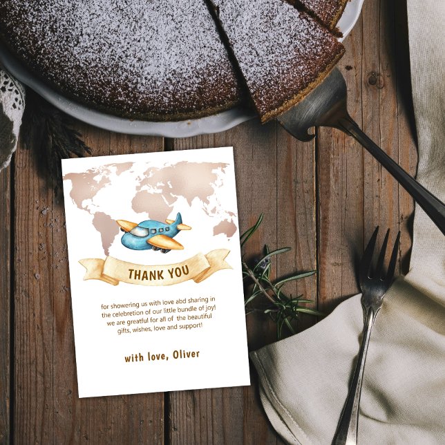 Cartão De Agradecimento Neutral Adventure World Map Airplane Baby Shower  (Neutral Adventure World Map Airplane Baby Shower Thank You Card)