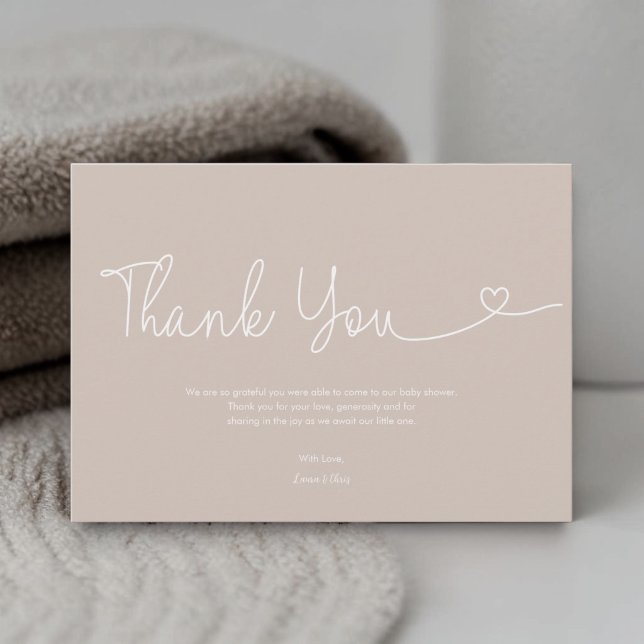 Cartão De Agradecimento Neutral Beige earth tone Baby Shower Script Heart  (Elegant, modern heart script thank you baby shower gender neutral card template.)