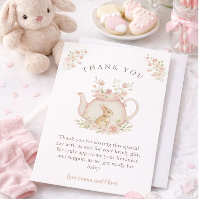 Cartão De Agradecimento Neutral Bunny & Floral Teapot Baby Shower  (Criador carregado)