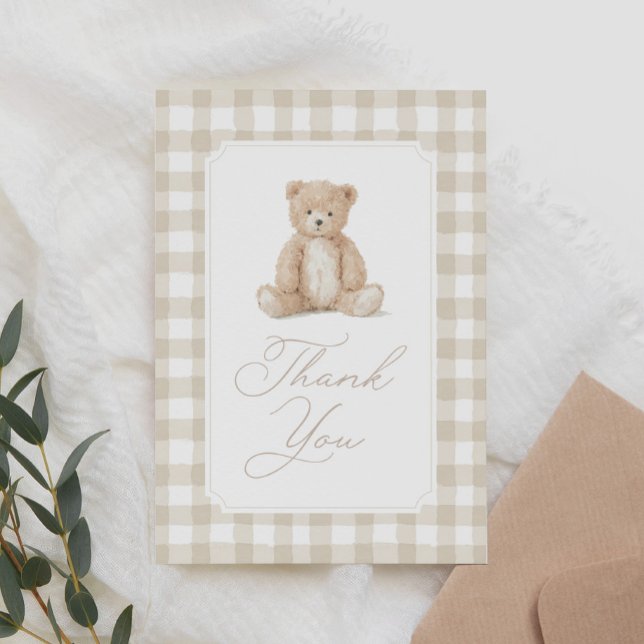 Cartão De Agradecimento Neutral Gingham Teddy Bear Baby Shower (Criador carregado)