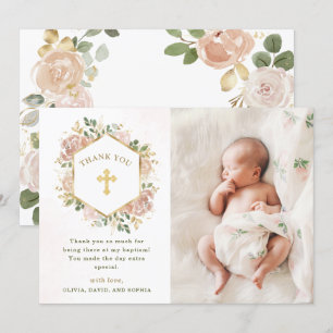 Cartão De Agradecimento Neutro Aquarela Floral e Dourado  Batismo Fotográ