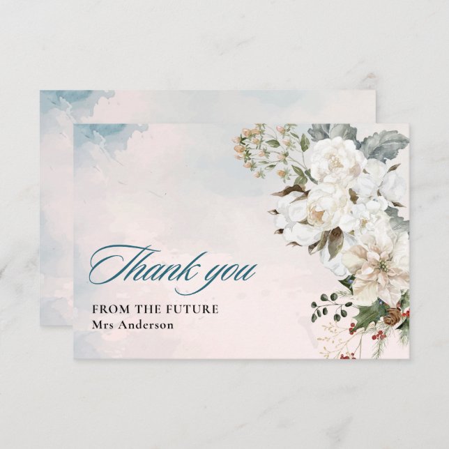 Cartão De Agradecimento Neve de inverno em amoroso branco floral Chá de Be (Frente/Verso)