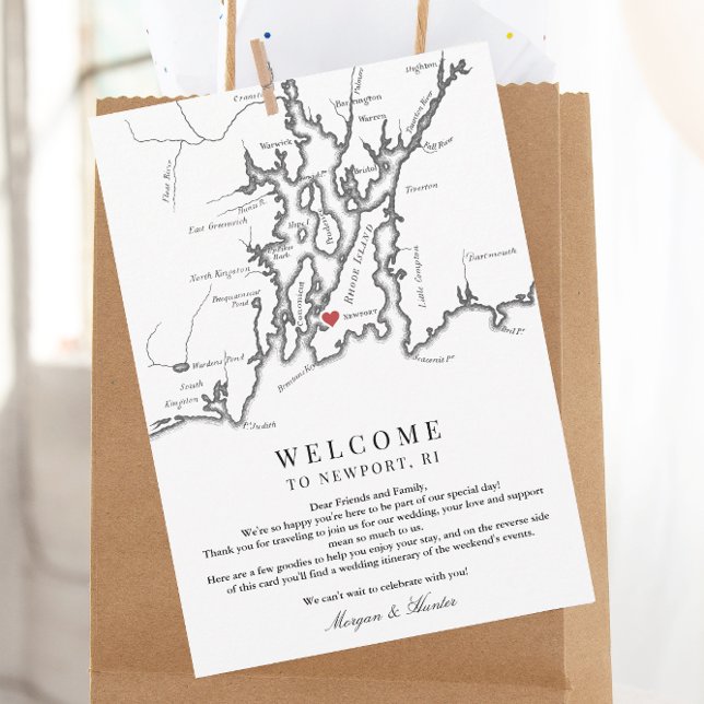 Cartão De Agradecimento Newport RI Wedding Weekend Itinerário de Boas-vind (Newport RI Map Wedding Weekend Welcome Letter and Schedule of Events Card in Black and White )