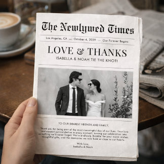Cartão De Agradecimento Newspaper Style Newlywed Wedding Thank You