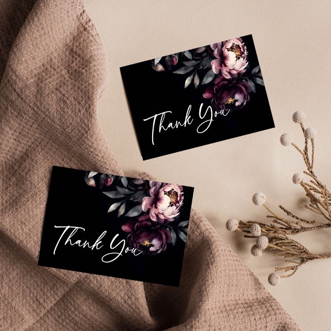 Cartão De Agradecimento Nó escura, elegante e peonias burgundy (Dark moody noir elegant burgundy peonies wedding thank you card bridal shower thank you birthday)