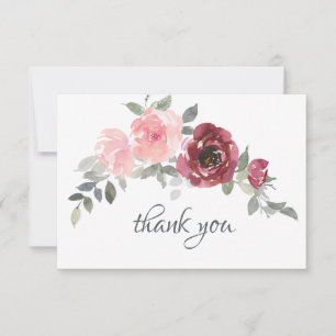 Cartão De Agradecimento Noiva de Água-Forte Rosa Borgonha Flores Casamento