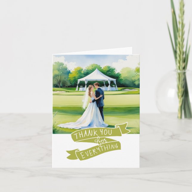Cartão De Agradecimento Noiva e noivo golfista campo de golfe aquarela (Frente)
