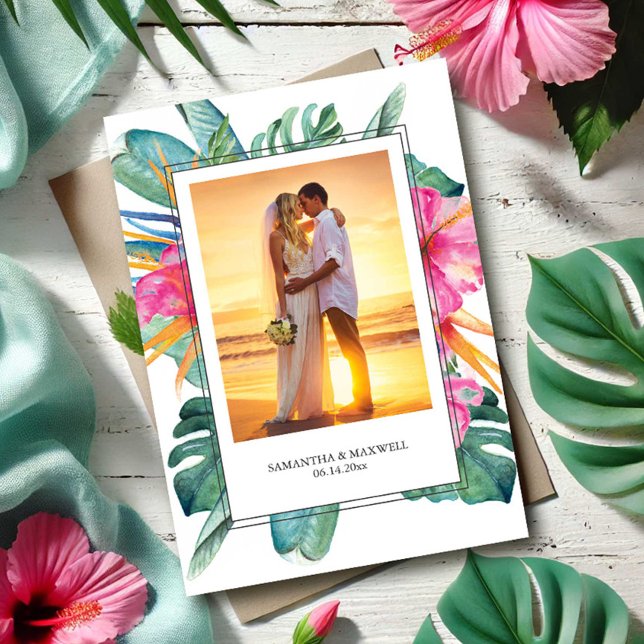Cartão De Agradecimento Noiva tropical e Casamento de noiva Obrigado (Wedding thank you cards tropical destination with template for bride and groom photo and custom text)