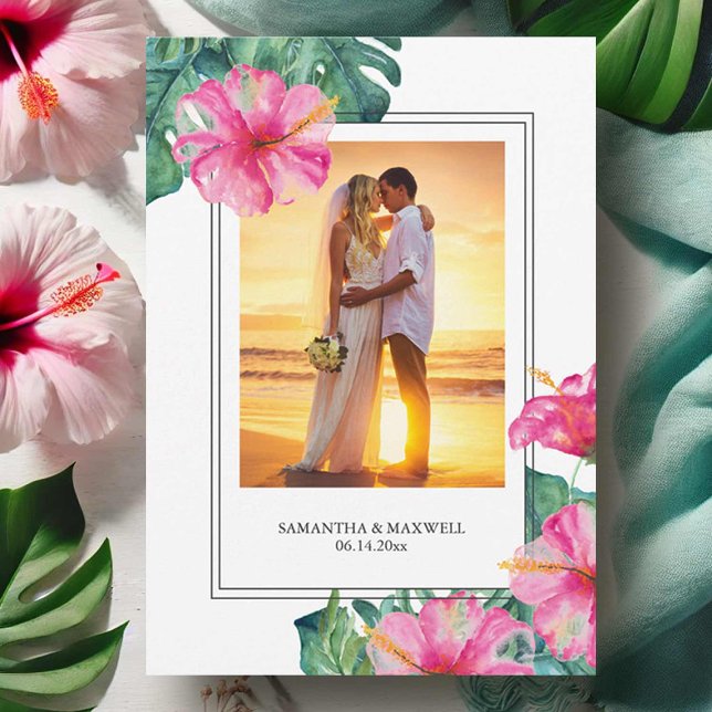 Cartão De Agradecimento Noiva tropical e Casamento de noiva Obrigado (Tropical wedding thank you card watercolor hibiscus flowers and palm leaves by Victoria Grigaliunas)