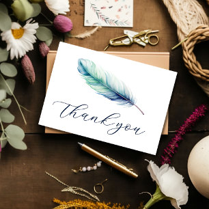 Cartão De Agradecimento Noivado da Pena Azul Moderna com Cor da Água